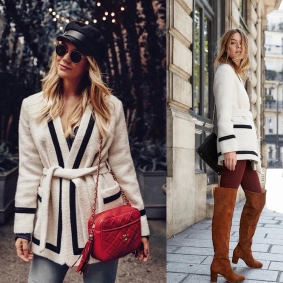 Rare NWT  Sezane Mike Coat Wrap Cardigan Sweater Black Cream Size 40 - Picture 4 of 13